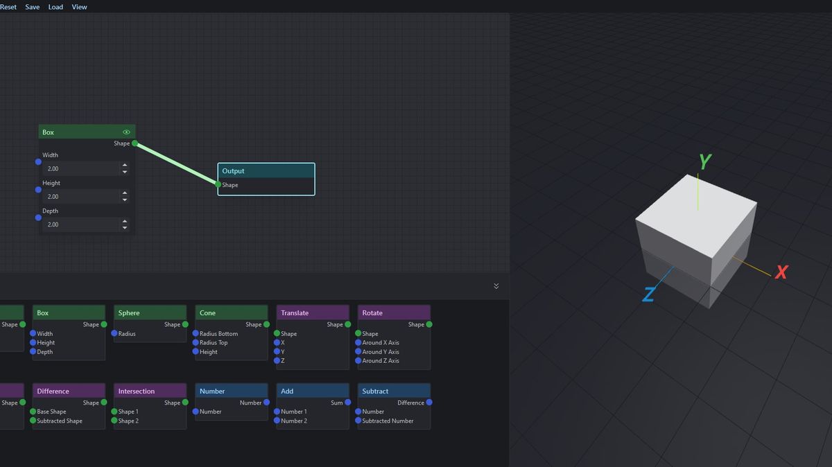 Procedural Modeling with Nodes Master Thesis Thumbnail. Shows a node editor with a node graph that creates a cube.